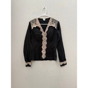 Anthropologie Odille black with cream lace button down top